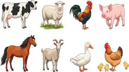 Fototapeta premium Cartoon of various farm animals standing isolated on white background horse