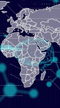 Animation of scientific data processing and human brain with world map over dark background