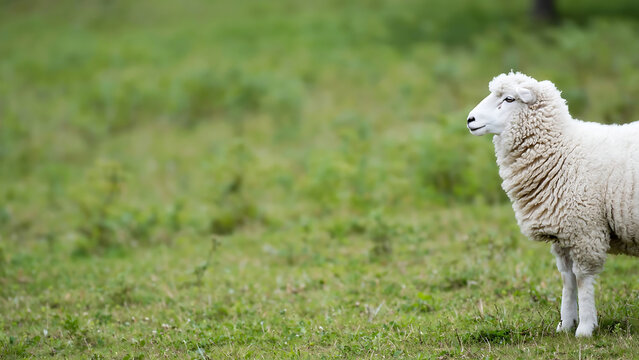Single white sheep standing on lush green pasture field with copy space