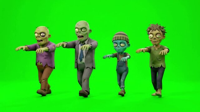 Group of cartoon zombies walking on a green screen background
