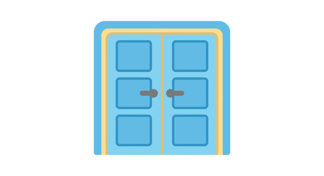 Blue double doors with rectangular panels and gold handles are displayed on a white background