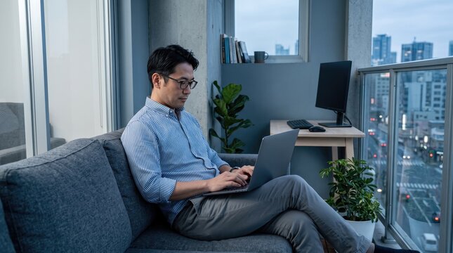 Asian businessman working on laptop at home, professional male freelancer using computer on sofa, remote work in modern apartment
