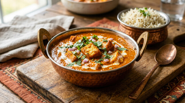 A rustic copper bowl filled with flavorful paneer butter masala garnished with fresh coriander leaves and chopped red onion served on a wooden board