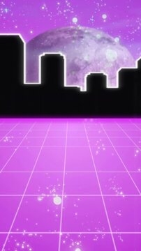 City skyline silhouette over purple grid with moon and stars animation