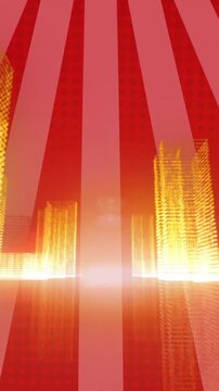 Animating golden skyscrapers and red rays over cityscape background