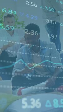 Financial data and stock market animation over friends enjoying pizza together