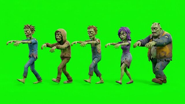 Group of cartoon zombies walking on a green screen background