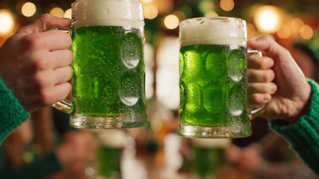 Two people clinking glass mugs of green beer toasting for St. Patricks Day celebration in pub