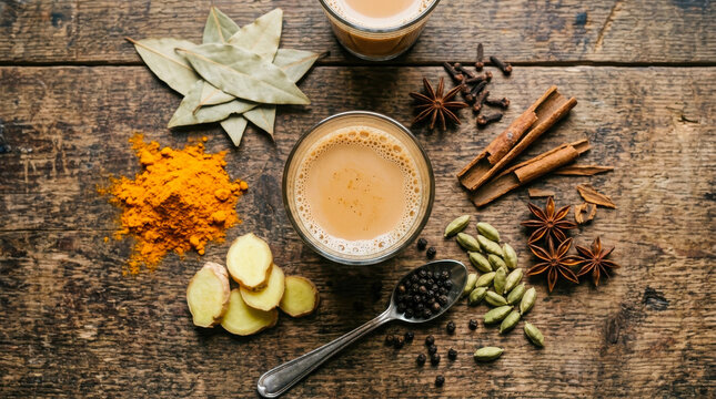 A top-down view of aromatic masala chai ingredients arranged around a glass of spiced tea on a dark rustic wooden table surface
