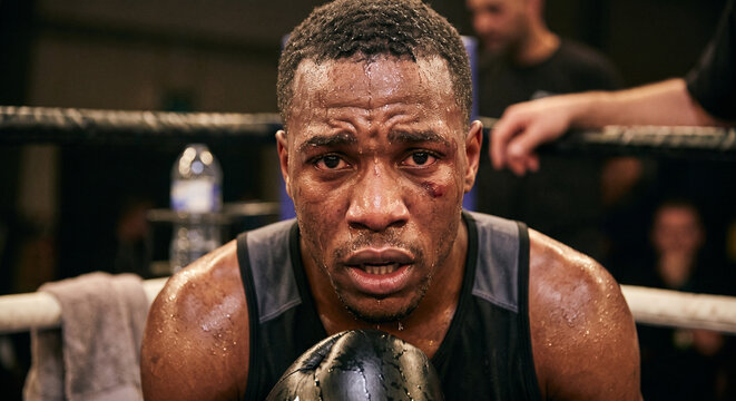 Boxer in the ring showing determination after an intense match
