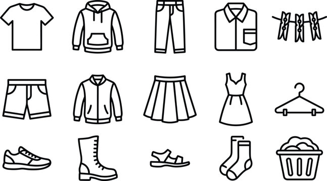 Clothing apparel footwear laundry icon set tshirt hoodie pants jacket dress shoes socks basket vector line art collection.