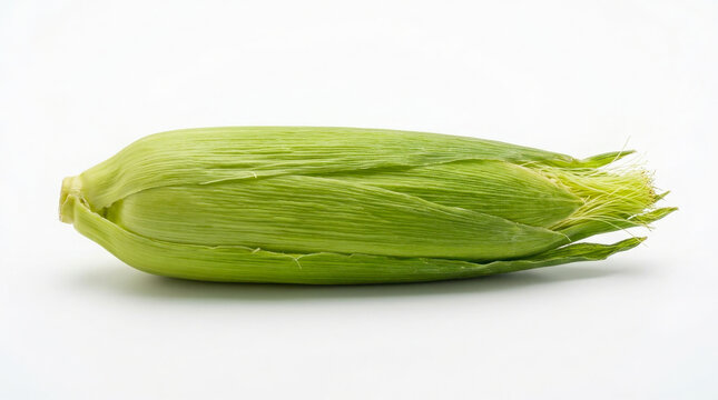 A single ear of fresh sweet corn with a green husk and silk strands resting horizontally against a clean solid white background
