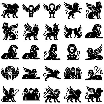 Set of black silhouette icons depicting mythological winged lions griffins sphinxes in various poses mythology creature silhouette collection egyptian wildlife sculpture heraldic