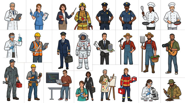 Diverse Professions Collection, 25 Illustrated Characters Representing Various Occupations and Careers, Ideal for Business and Educational Concepts, Vector Art