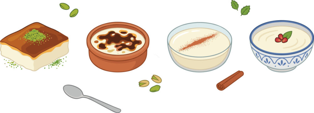 Traditional Turkish milk pudding desserts vector illustration set featuring baked sutlac rice pudding kazandibi glass bowl pudding cinnamon stick and pistachios isolated on white background