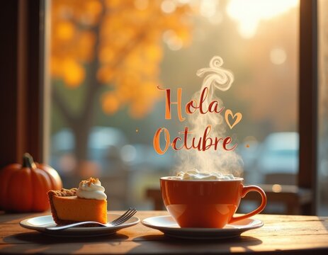 pumpkin spice latte and piece of pumpkin pie on table by the window on autumn day. hola octubre handwritten text in spanish
