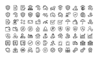 Obraz premium Insurance Protection Finance Thin Line Editable Outline Vector Icon Set