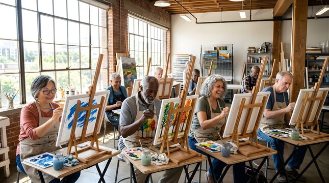 Diverse senior group painting on canvases together in an art studio workshop