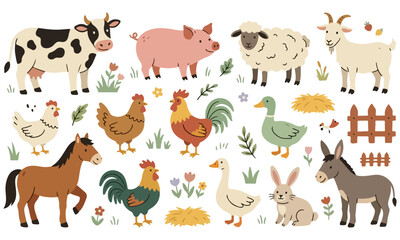Fototapeta premium Cute farm animals set with cow, pig, sheep, goat, horse, chicken, rooster, duck, goose, rabbit, and donkey. Domestic animals vector illustration