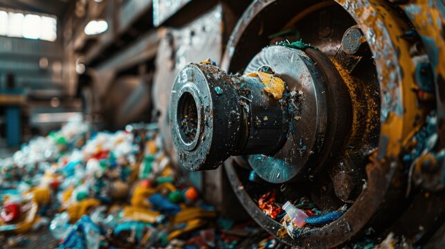 Industrial trash compactor Heavy piston and crushed plastic waste Canon photo