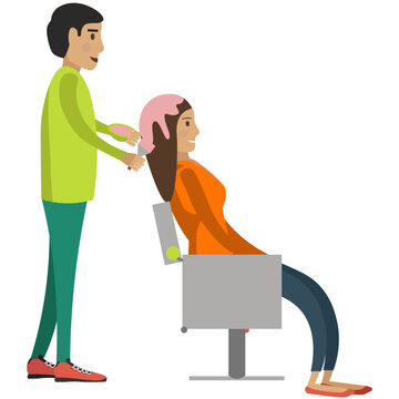 Male hairdresser colorist serving female client vector icon