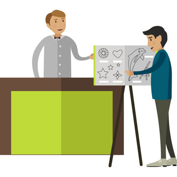 Male client choosing tattoo pattern at reception desk vector icon