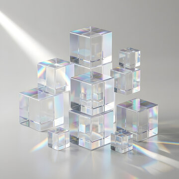 Iridescent transparent glass cubes with rainbow light refraction and optical prism dispersion on clean white background