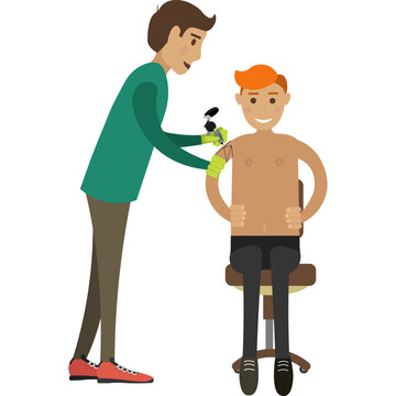 Tattoo master making pattern on client hand vector icon