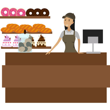 Saleswoman at confectionery shop selling sweet pastry vector icon