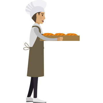 Baker carrying tray with fresh bread vector icon