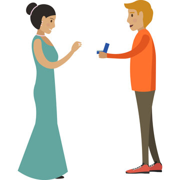 Man proposing marriage with ring to his beloved woman vector icon