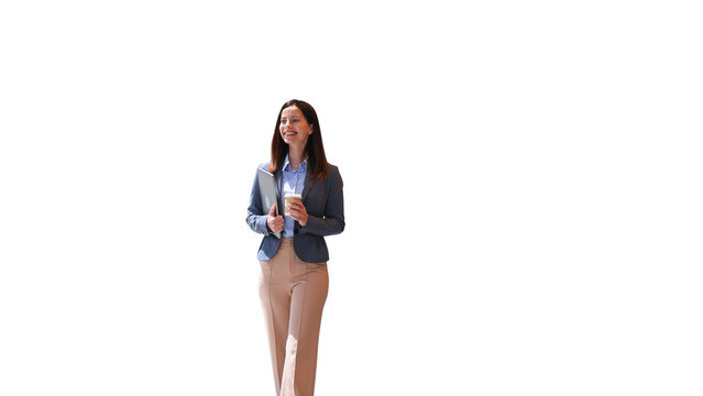 Businesswoman walking with laptop and coffee, transparent background