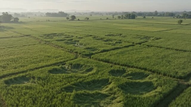 Aerial view of large circular crop patterns inside lush green rice paddy fields farm at sunrise time.