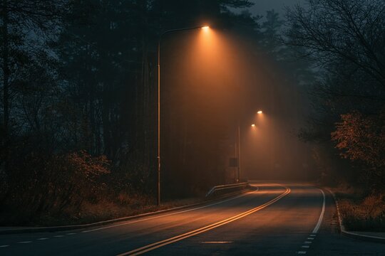 Street lights shine on a quiet road in the evening fog with trees lining the background during a calm night
