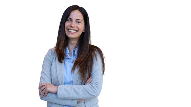 Happy professional businesswoman crossing arms smiling transparent background