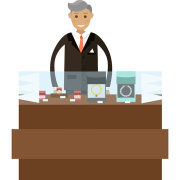 Salesman at jewelry shop showcase vector icon