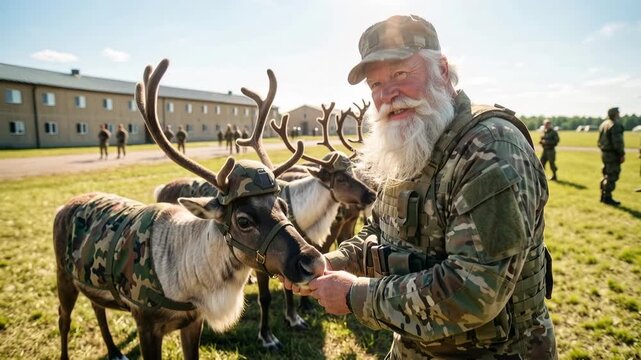 Santa in camouflage feeding reindeer in front of military barracks