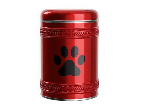 Red metal pet memorial urn with a black paw print symbol isolated on transparent background