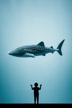 Child watches a whale shark swimming at an aquarium in the afternoon with clear water and a calm atmosphere