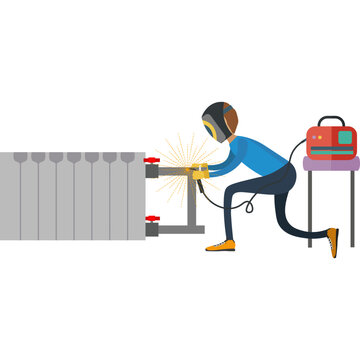 Welder welding heating batteries in house vector icon