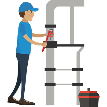 Plumber repairing pipes from leaks vector icon
