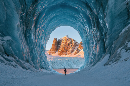 Ice cave with a person walking toward a mountain in the distance at sunset