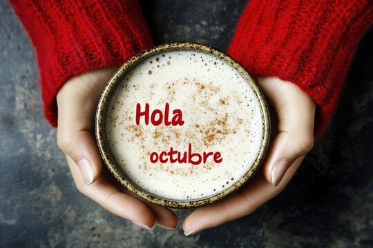 woman hands wearing red sweater holding a cup of coffee with text on coffee in spanish hola octubre