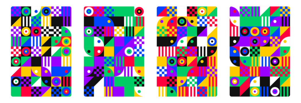 Geometric pattern with colorful Bauhaus inspired abstract grid shapes