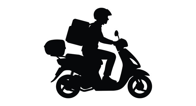 Silhouette of a delivery person riding a scooter with a large backpack white background