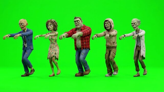 Group of walking zombies in various outfits on a green screen background
