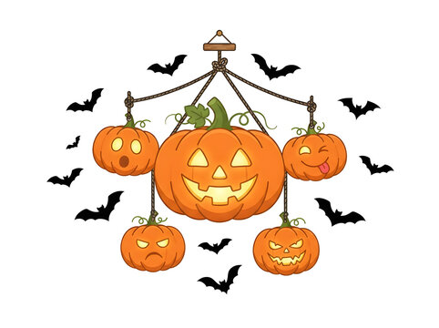 A delightful and spooky halloween hanging decoration featuring a central jack o' lantern surrounded by smaller expressive pumpkin faces and fluttering bats