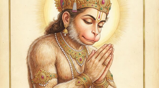 Monkey deity with golden crown in traditional prayer position illustration