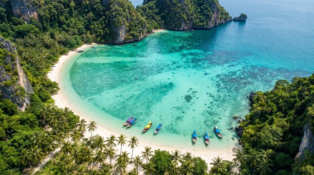 Aerial drone Landscape Turquoise lagoon Nui beach koh Phi Phi Don island, Krabi, Thailand.