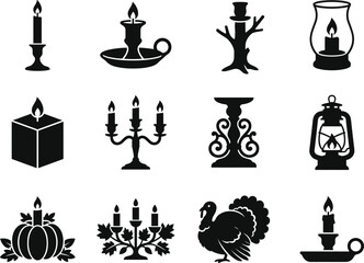 Naklejka premium Collection of black silhouette featuring various candle styles, holders, lanterns, and a thanksgiving turkey bird
